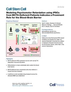 Cell Stem Cell-2017-Modeling Psychomotor Retardation using iPSCs from MCT8-Deficient Patients Indicates a Prominent Role for the Blood-Brain Barrier