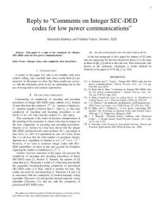 Reply to ´Comments on Integer SEC-DED codes for low power communications´
