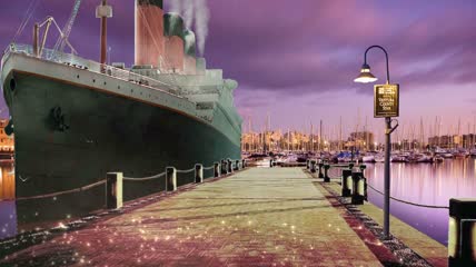 海边码头泰坦尼克号海船飞鸟情景剧表演背景