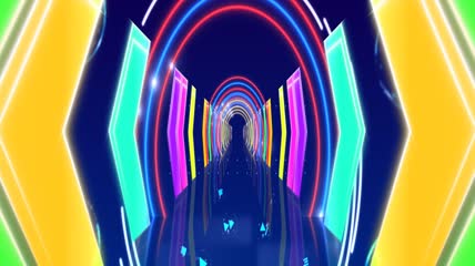 绚丽动感色彩箭头移动隧道穿梭粒子飘浮符号派对舞台背景视频素材