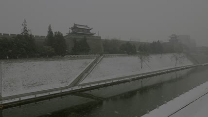 西安城墙角楼冬季雪景下雪