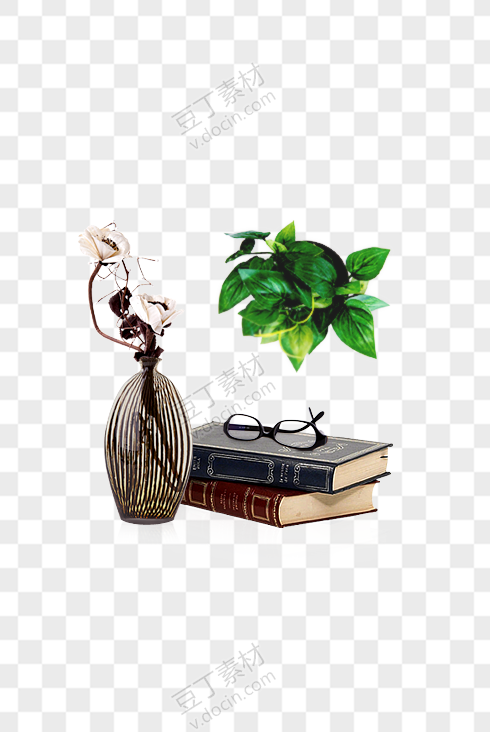 花瓶绿色植物书本眼镜图
