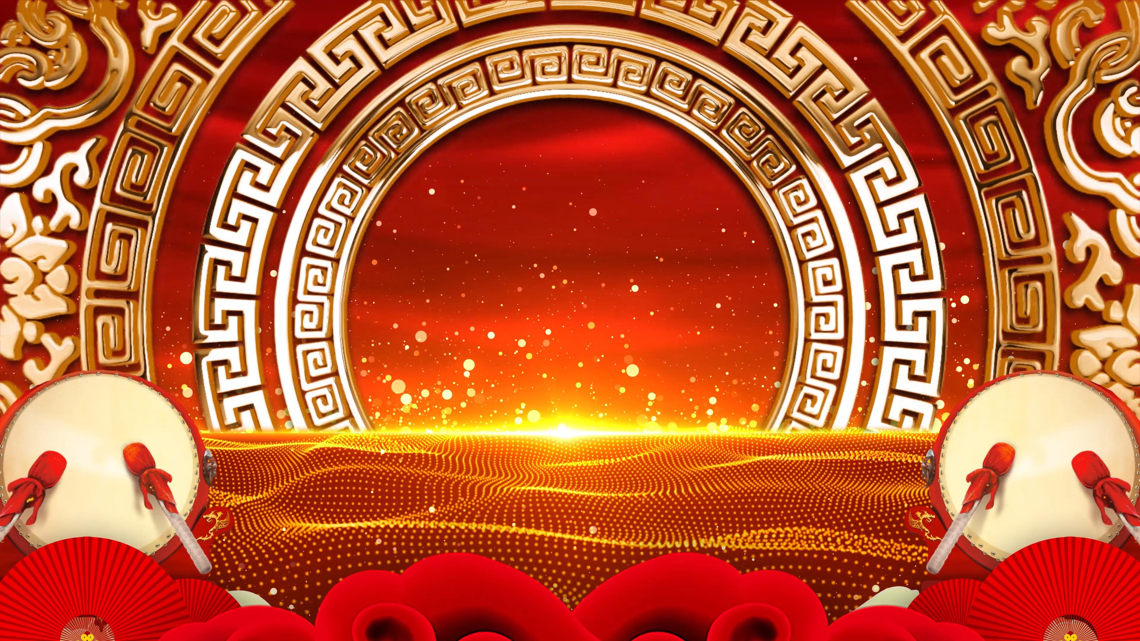 4K中国风喜庆锣鼓新年春节年会舞台背景