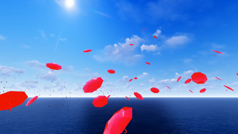 [2K]海面天空中飘浮的红色雨伞