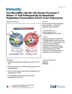 Immunity_2016_The-MicroRNA-183-96-182-Cluster-Promotes-T-Helper-17-Cell-Pathogenicity-by-Negatively-Regulating-Transcription-Factor-Foxo1-Expression