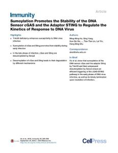 Immunity_2016_Sumoylation-Promotes-the-Stability-of-the-DNA-Sensor-cGAS-and-the-Adaptor-STING-to-Regulate-the-Kinetics-of-Response-to-DNA-Virus