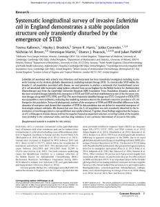 Genome Res.-2017-Kallonen-Systematic longitudinal survey of invasive Escherichia coli in England demonstrates a stable population structure only transiently disturbed by the emergence of ST131