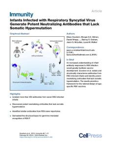 Immunity-2018-Infants Infected with Respiratory Syncytial Virus Generate Potent Neutralizing Antibodies that Lack Somatic Hypermutation