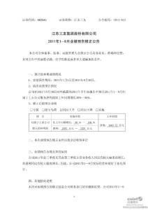 江苏三友：2011年1-9月业绩预告修正公告