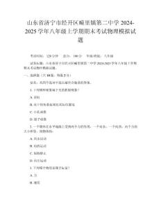 山东省济宁市经开区疃里镇第二中学2024-2025学年八年级上学期期末考试物理模拟试题
