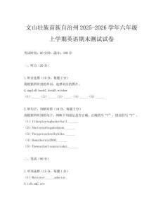 文山壯族苗族自治州2025-2026學年六年級上學期英語期末測試試卷
