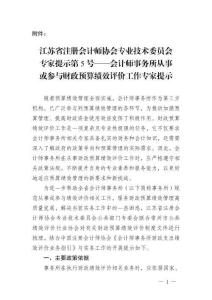 江蘇省注冊會計(jì)師協(xié)會專業(yè)技術(shù)委員會專家提示第5號——會計(jì)師事務(wù)所從事或參與財(cái)政預(yù)算績效評價(jià)工作專家提示