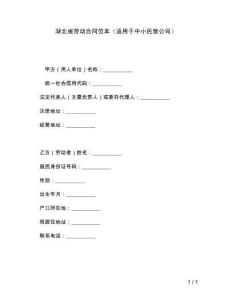 湖北省勞動合同范本（適用于中小民營公司）