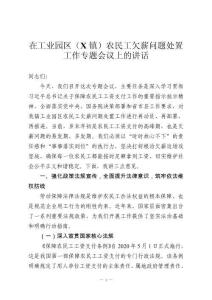 在工業(yè)園區(qū)（X鎮(zhèn)）農(nóng)民工欠薪問題處置工作專題會(huì)議上的講話