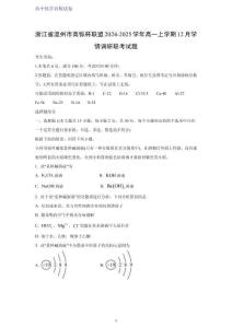 浙江省溫州市高鑠杯聯(lián)盟2024-2025學年高一上學期12月學情調(diào)研聯(lián)考化學試題