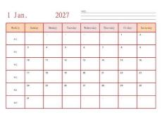 最新臺(tái)歷2027年最新版（紅色橫向排版）帶周數(shù)英文版下載