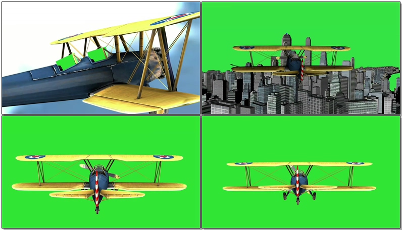 绿屏抠像飞行的复翼飞机