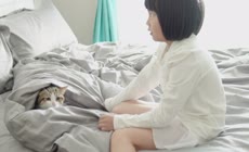 实拍床上小女孩与猫玩耍