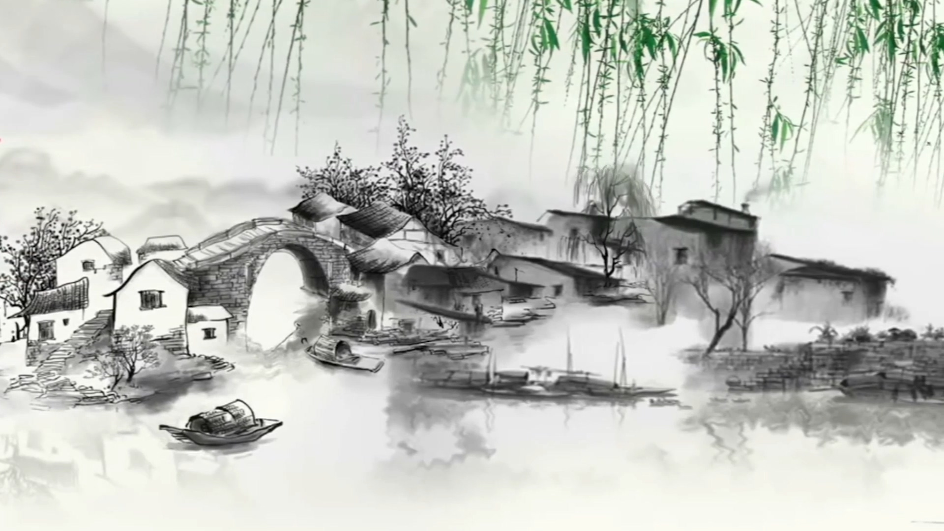 水墨山水中国风音乐笛子水墨风景动画乐曲