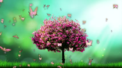 流光风格桃树与蝴蝶唯美背景