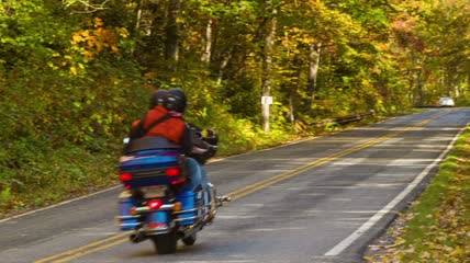 骑摩托车行驶在树林公路