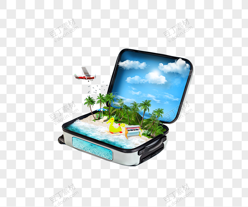 唯美沙滩行李箱飞机