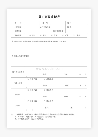 试用期员工离职申请表