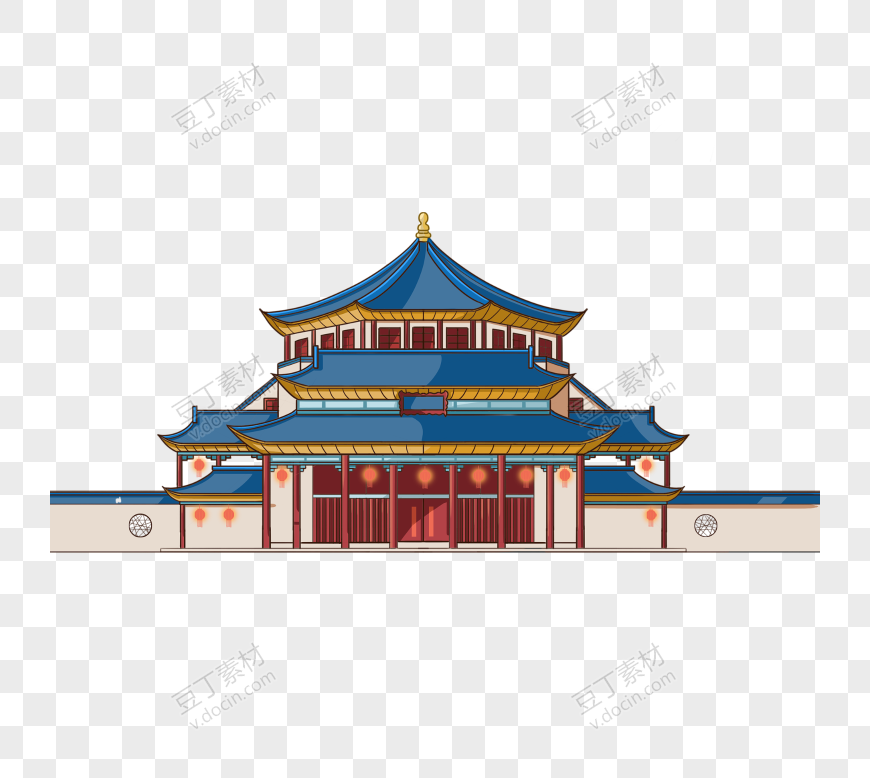 彩色手绘国潮古风中国风建筑城楼元素PNG素材
