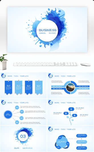 蓝色清新水彩泼墨工作总结汇报通用PPT模板