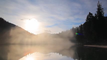 森林中央雾气弥漫的湖实拍视频