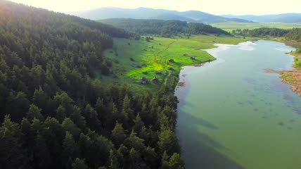 航拍松林湖景