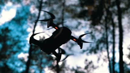 无人驾驶飞机在树林中盘旋实拍