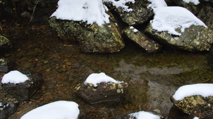 白雪覆盖的森林小河岩石特写实拍