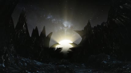 飞越一颗黑暗的多岩石的外星人星球