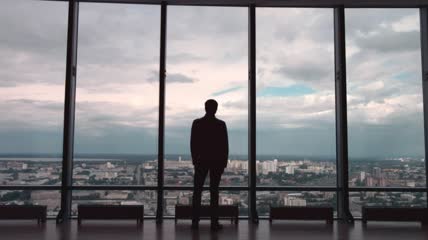 一名穿着西装的男子向外眺望着一座城市