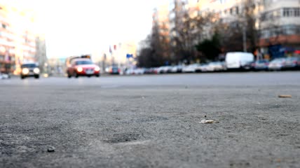 一大早在城市里行驶的汽车实拍