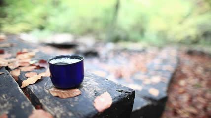 在树林里的小屋里倒茶特写实拍