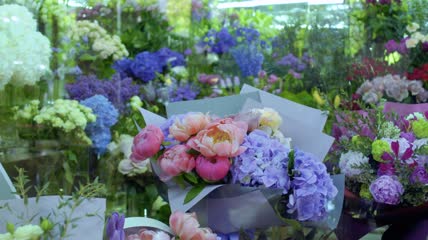 观赏花店展示柜的景色特写实拍