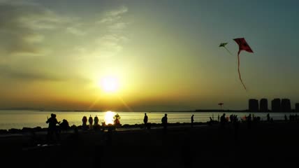 日落时海滩上的风筝视频