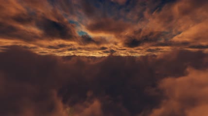 日落时分在3D天空的云层间飞翔视频素材