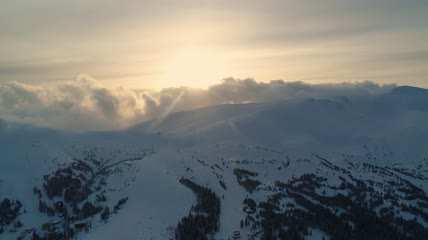 薄雾弥漫的雪山松树航拍
