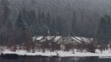 白雪覆盖的森林中的小屋实拍