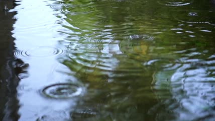 雨落在近距离观察的湖面上视频