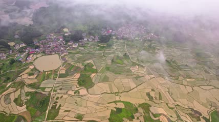 4k航拍清晨云雾下的农村田园素材