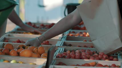 人们在户外市场挑选水果特写