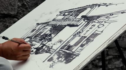 4k实拍画家古镇街道作画