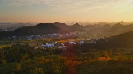 4k航拍清晨日落农村