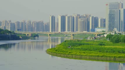 城市江水小岛空镜