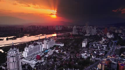 4k航拍西双版纳日落夕阳全景