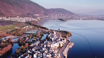 4k航拍云南大理桃源码头桃源岛